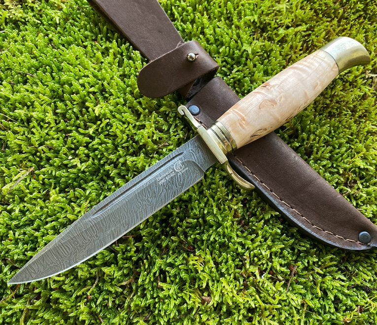 Knife ”FINKA” (Damascus steel), stabilized Karelia birch
