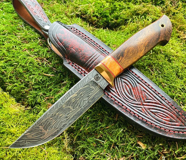 Veitsi "MAGNUM", taottu Mosaic Damascus teräksestä veitsi, kahva stabiloitu Mammutin keihäänkärki